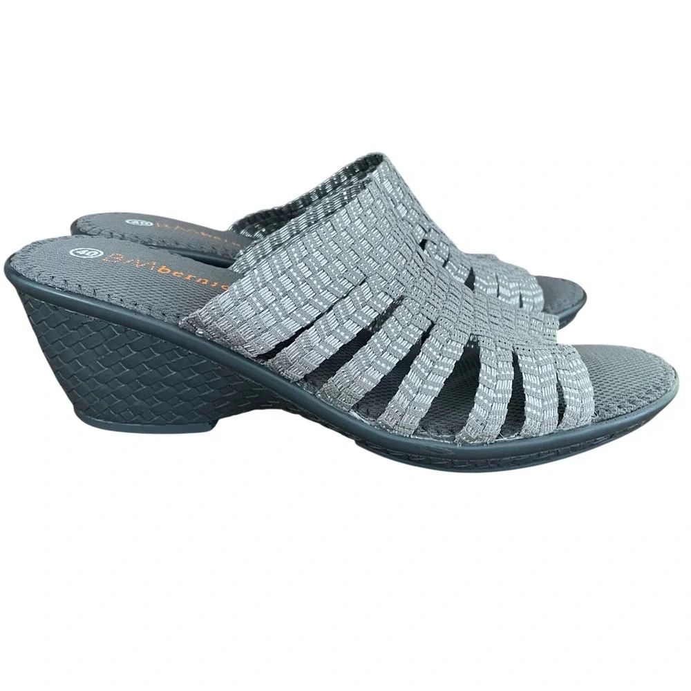 NEW Bernie Mev Kent Wedge Sandals Silver‎ Grey Woven Elastic Comfort US 9 EU 40